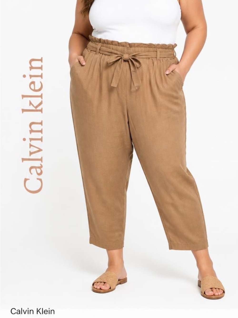 Calvin klein Womens Nutmeg Linen Blend Pull On Elastic Waist Pants Sz 3X
